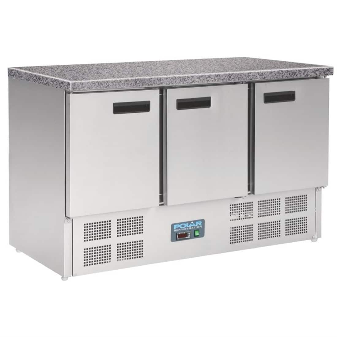 Polar 3 Door Refrigerated Counter with Marble Work Top 368Ltr